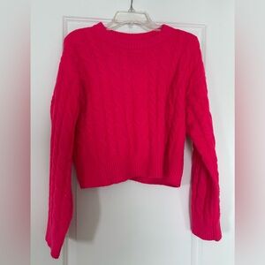 Womens Hot Pink Cable Knit Crewneck Cropped Sweater Medium Bright Pink Soft Cozy